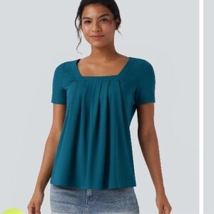 HALARA Teal Short-Sleeve Square Neck Pleated Top